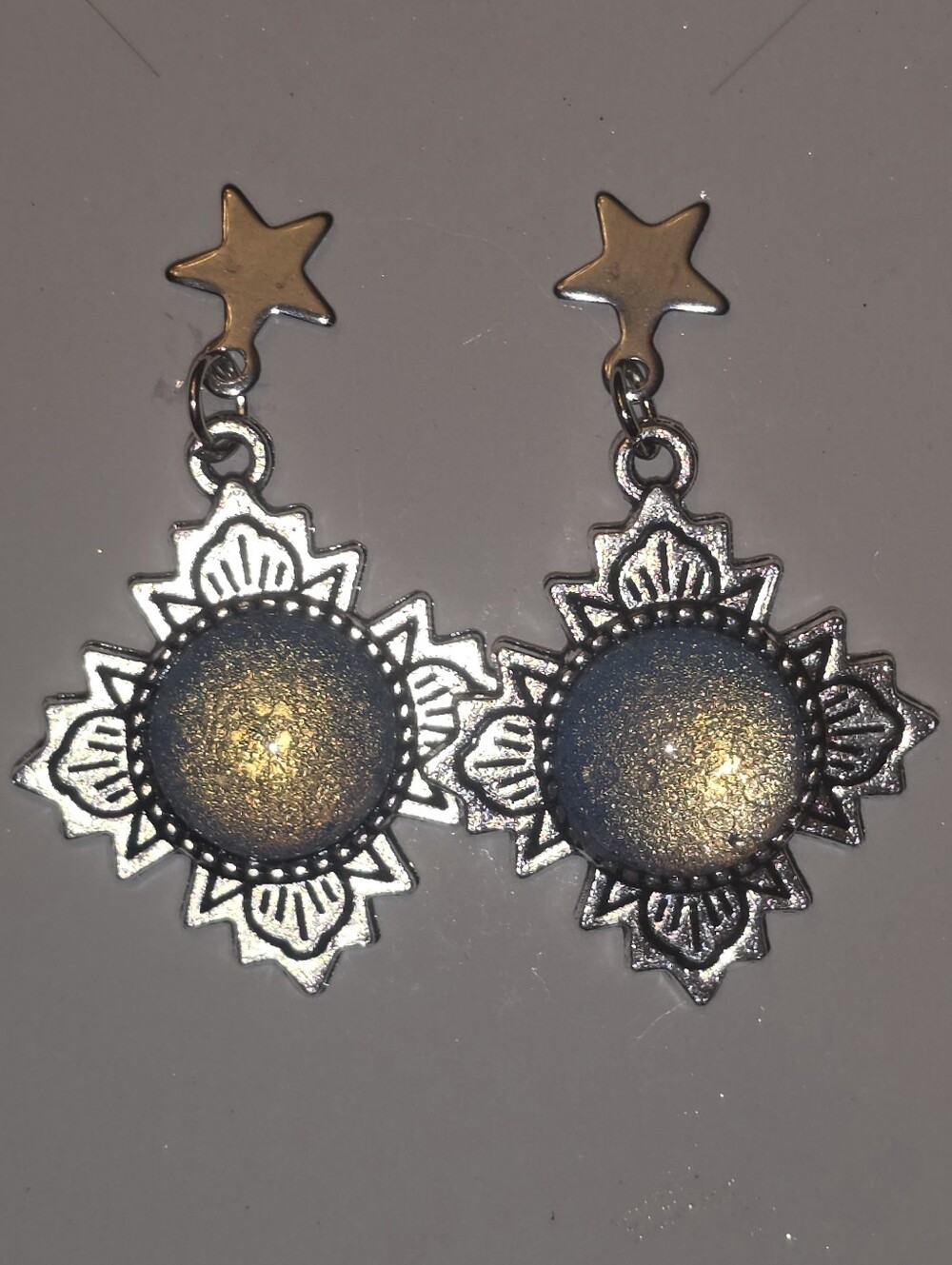 Moonstone Earrings In Silver Tone Frames With Stainless Steel Star Stud Prongs